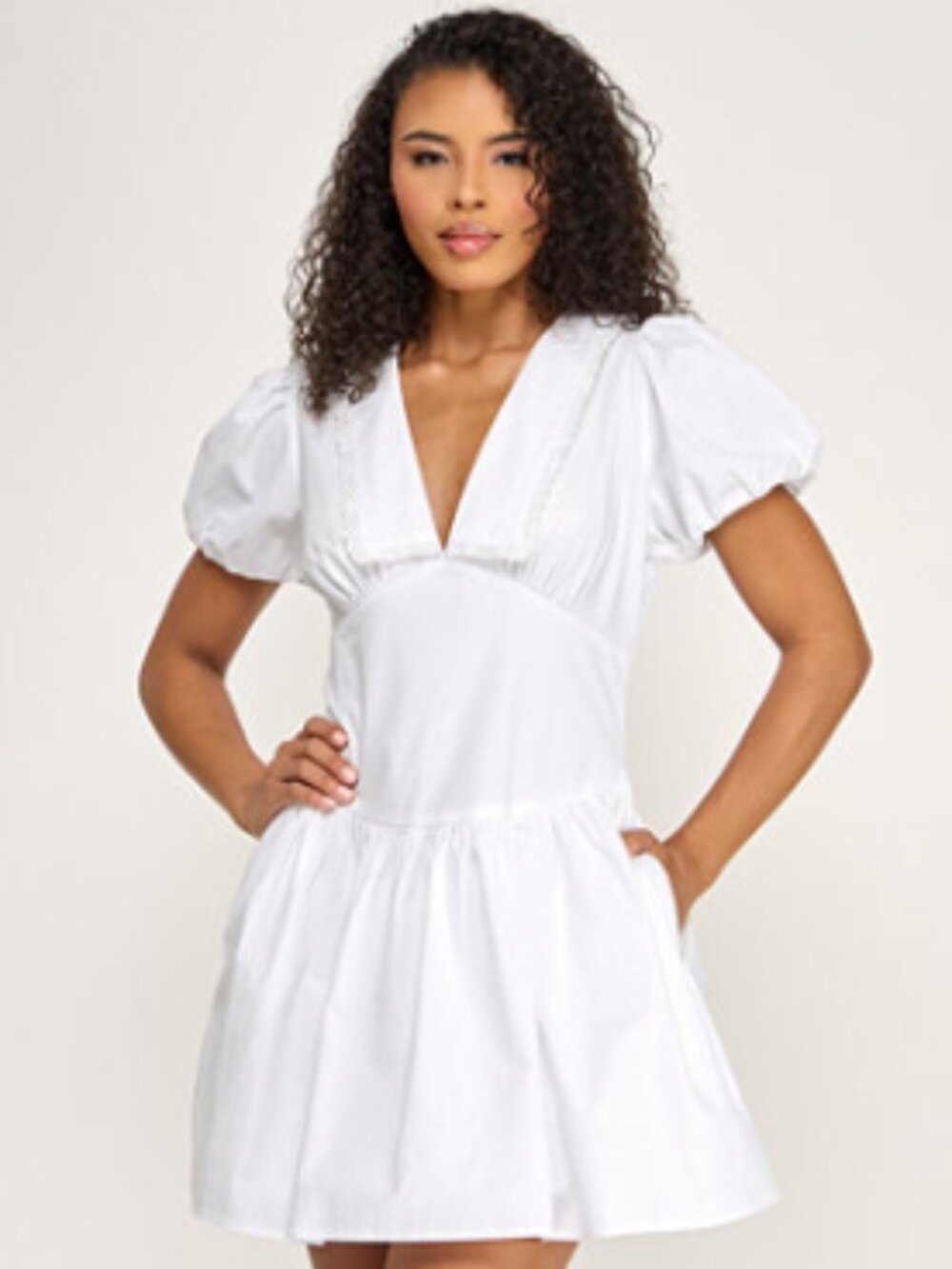 New White Cotton Drop Waist Lace Puff Sl. Lace A-Line Party Resort Mini Dress L